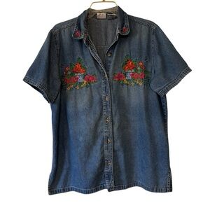 Vintage 90’s Floral Garden Denim Shirt Short Sleeve Sz 14W